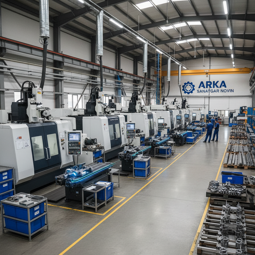 Industrial metalworking machinery in a modern factory floor with CNC equipment